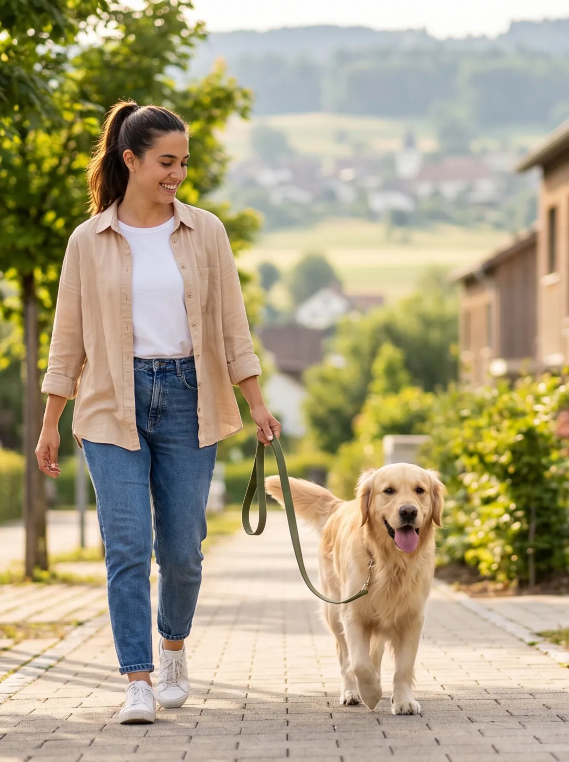 A smiling sitter walking a happy golden retriever down a tree-lined neighborhood street