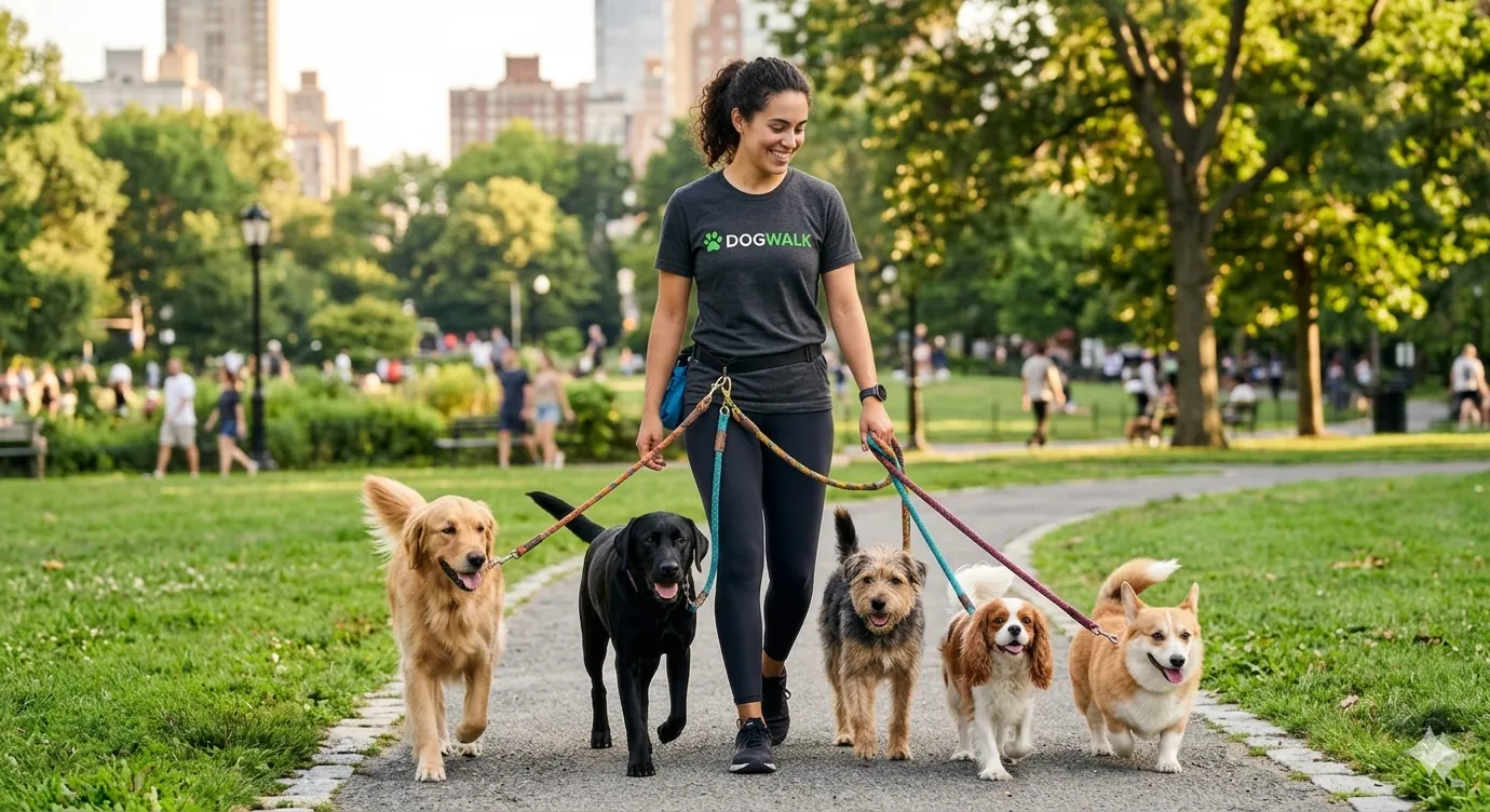 Dogwalk sitter walking five happy dogs through a city park